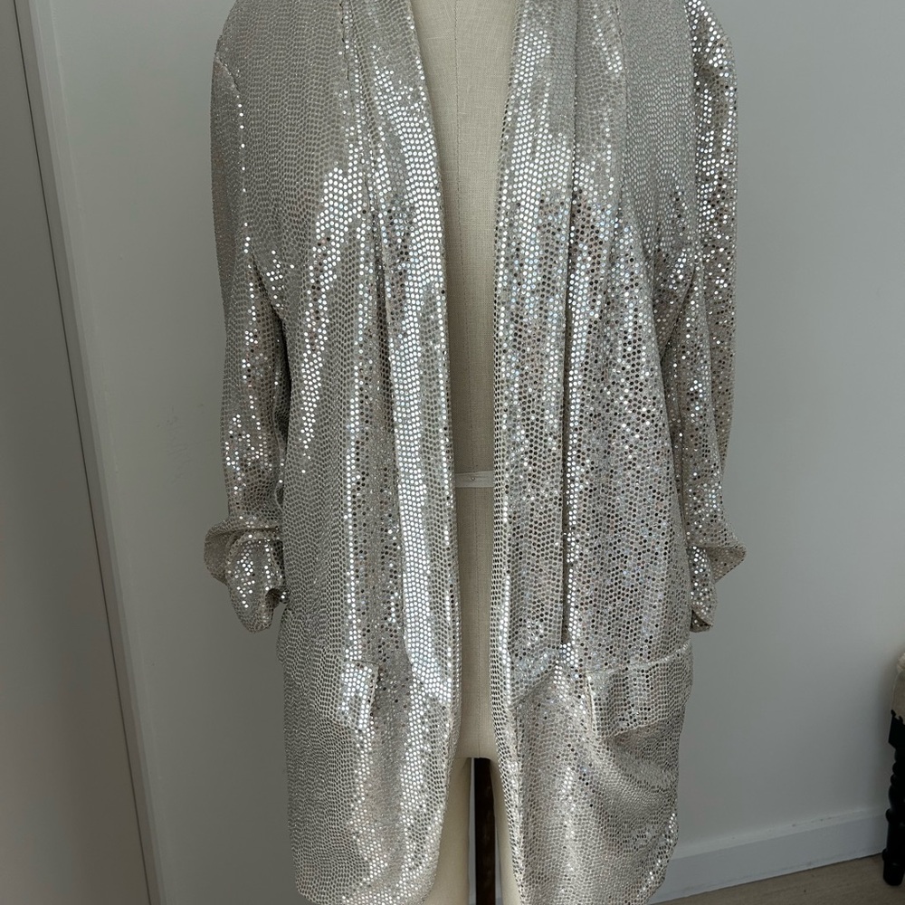 Silver Sequin Sparkle Shawl Collar Jacket Cardigan